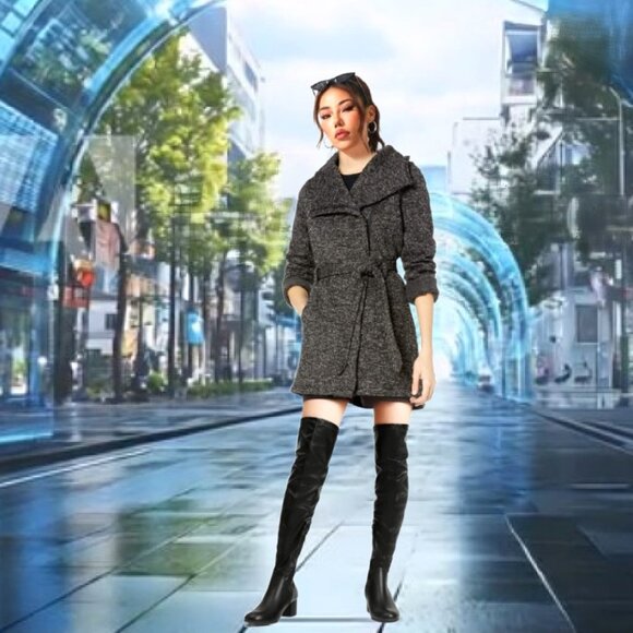 STEVEN MADDEN Charcoal Heather Knit Asymmetrical Zipper Peacoat Jacket Sz SP - Picture 1 of 6